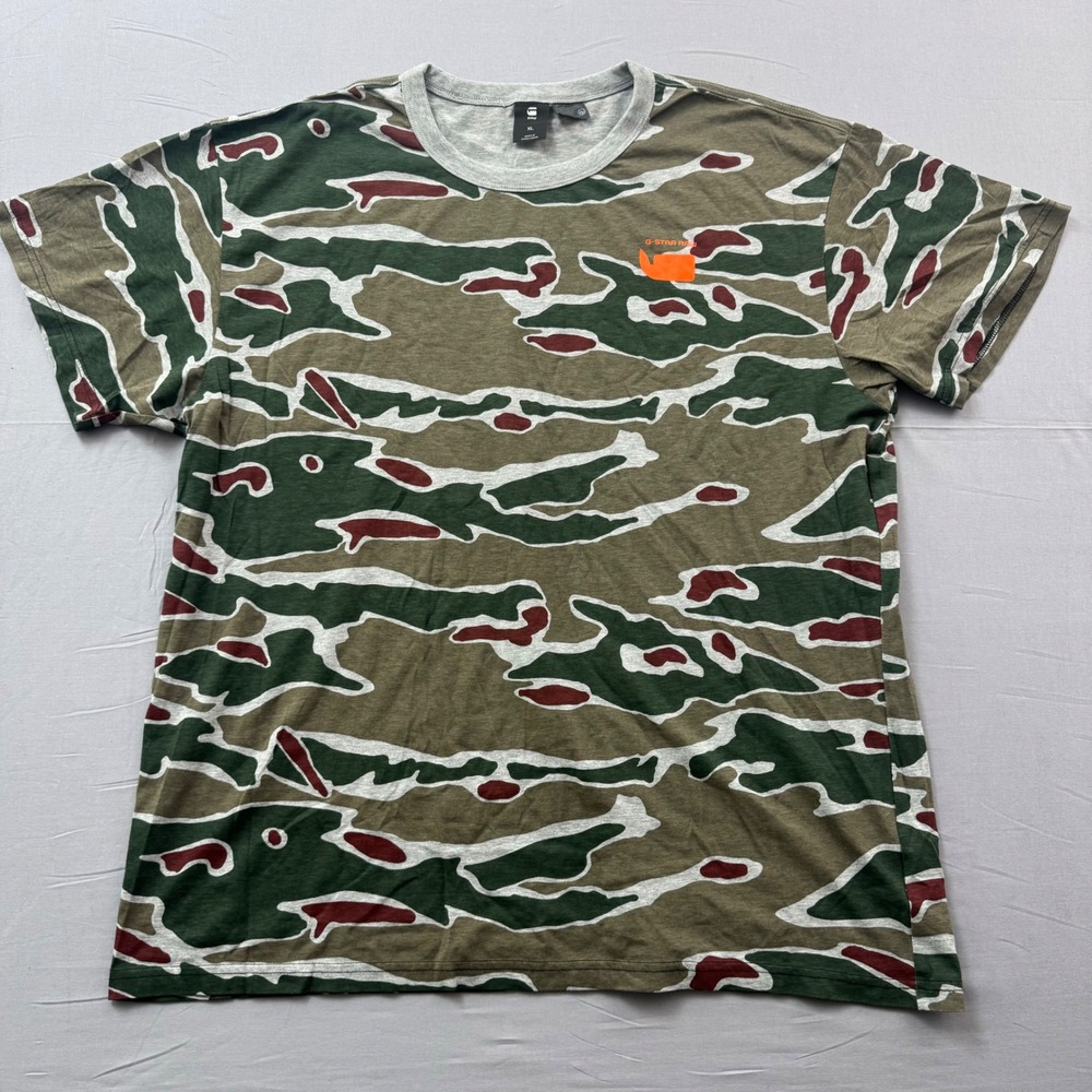 G-Star Raw Mens XL Tiger Stripe Camo T-Shirt Green Maroon Orange Logo Tee